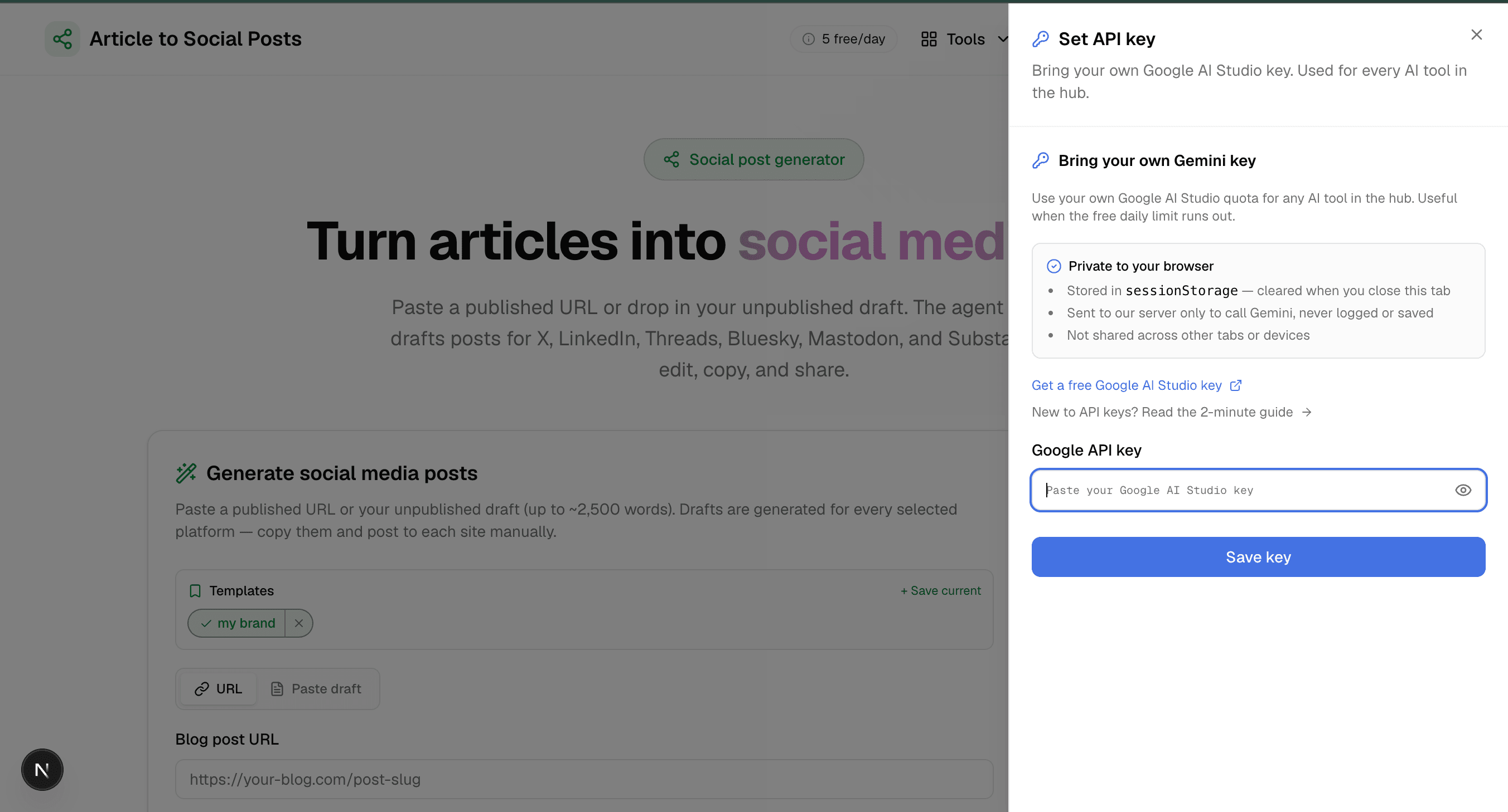 The Set API key panel: paste your key, then save
